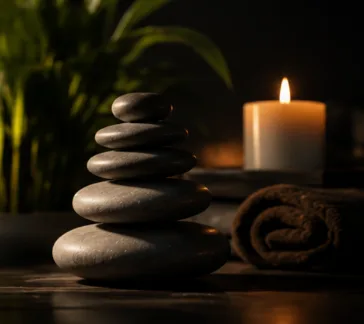 Anti-stress au sauna : galets zen empilés et bougie pour un moment de relaxation